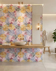 Dream Canopy blush pastel tropical leaf creating ambiance in a serene bathroom