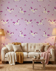 Dream Flight lilac flying unicorn wallpaper in a warm and inviting living room