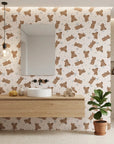 Dream Tandem beige teddy bear and star wallpaper creating ambiance in a serene bathroom