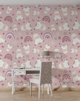 Removable wall covering for nurseries featuring a matte mauve base with a pattern of gentle sheep and rainbows - Dream Fields