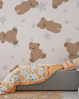 Soft cream-colored removable wall covering adorned with adorable bear illustrations and celestial star patterns - Dream Tandem