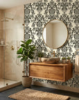 Dreamy Fern Dial black and cream damask wallpaper creating ambiance in a serene bathroom
