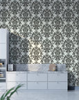 Black damask Dreamy Fern Dial wallpaper with ornate scrollwork on silver background in modern kitchen