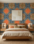 Drift & Scatter abstract blue and orange wallpaper adding character to a cozy bedroom