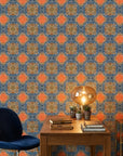 Drift & Scatter abstract blue and orange wallpaper as a feature wall in a bright home office