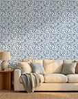 Drifting Petals blue abstract wallpaper in a warm and inviting living room