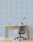 Drifting Petals blue abstract wallpaper as a feature wall in a bright home office