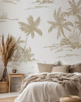 Neutral-toned hand-drawn palm trees on a white self-adhesive wallpaper background