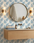 Driftwood Fern blue botanical peel and stick wallpaper creating ambiance in a serene bathroom