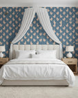 Duckling Waltz whimsical blue nursery wallpaper adding character to a cozy bedroom