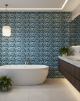 Dusk Feather indigo ikat leaf wallpaper creating ambiance in a serene bathroom