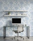 Dusky Garden Waltz soft blue damask wallpaper as a feature wall in a bright home office