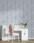 Blue and cream damask Dusky Garden Waltz peel and stick wallpaper in elegant vanity room setting
