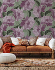 Mauve rose floral wallpaper with a painterly texture on a sage background - Dust Bloom