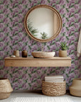 Sage green backdrop featuring painterly mauve roses in a floral wallpaper pattern - Dust Bloom