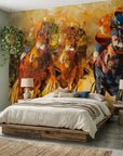 Dust & Thunder equestrian horse racing painterly wallpaper adding character to a cozy bedroom