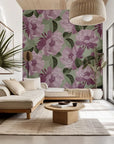 Artistic floral wall covering featuring mauve roses set against a sage green backdrop (Dust Bloom)