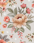 A traditional, antique-style wall covering featuring bouquets in soft pink and peach colors, titled Dusty Bloom