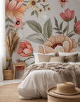 Peach and pink flower bouquets set against classic vintage wallpaper—the Dusty Bloom pattern