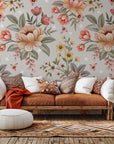 Retro floral wallpaper (Dusty Bloom) featuring pink and peach colored flower arrangements