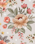 Peach and pink flower bouquets set against classic vintage wallpaper—the Dusty Bloom pattern