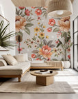 A retro, timeless wallpaper design featuring peach and blush-pink flower arrangements (Dusty Bloom)