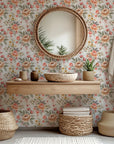 The "Dusty Bloom" wall covering, a retro floral design with arrangements of pink and peach flowers