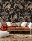 Traditional paisley peel-and-stick wallcovering in dark brown and black tones, possessing a moody aesthetic