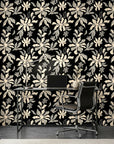 Echo Garden symmetrical floral wallpaper as a feature wall in a bright home office