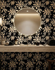 Echo Garden symmetrical floral wallpaper creating ambiance in a serene bathroom