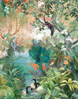 Tropical Eden Revealed wallpaper with exotic birds, lush palms, and vibrant florals in watercolor style