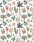 Soft green and pink palm leaf wallpaper in a bohemian nursery style with peel-and-stick backing