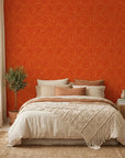 Electric Saffron vibrant red and yellow retro stripe wallpaper in a warm and inviting living room