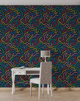 Flat navy blue self-adhesive wall covering featuring vibrant fluorescent wavy patterns - Electric Maze