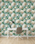 Elegant White Hydrangea soft blue botanical floral wallpaper as a feature wall in a bright home office