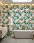 Elegant White Hydrangea soft blue botanical floral wallpaper creating ambiance in a serene bathroom
