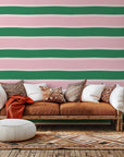 Self-adhesive wall covering featuring broad horizontal stripes of rose pink and light green (Ember Blush)