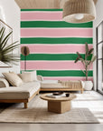Self-adhesive wallpaper featuring broad horizontal stripes of rose pink and emerald green