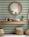 Self-adhesive wallpaper featuring broad horizontal stripes of rose pink and emerald green