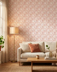 Ember Drift warm terracotta abstract wallpaper in a warm and inviting living room