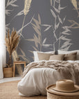 Self-adhesive wallpaper featuring a gray and beige wheat silhouette design—Ember Hush