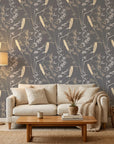 Ember Hush grey and beige wheat grass botanical wallpaper in a warm and inviting living room
