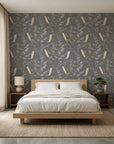 Ember Hush grey and beige wheat grass botanical wallpaper adding character to a cozy bedroom