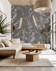 Self-adhesive wallpaper featuring a gray and tan wheat stalk outline design—Ember Hush collection
