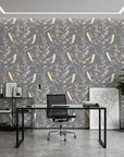 Ember Hush grey and beige wheat grass botanical wallpaper as a feature wall in a bright home office