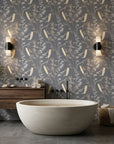 Ember Hush grey and beige wheat grass botanical wallpaper creating ambiance in a serene bathroom