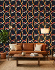 Ember Threads navy blue and orange geometric ring wallpaper in a warm and inviting living room