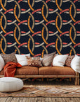 Geometric chain pattern wall covering in distressed navy and orange hues