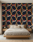 Ember Threads navy blue and orange geometric ring wallpaper adding character to a cozy bedroom