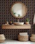 Navy and orange abstract chained pattern wallcovering - Ember Threads
